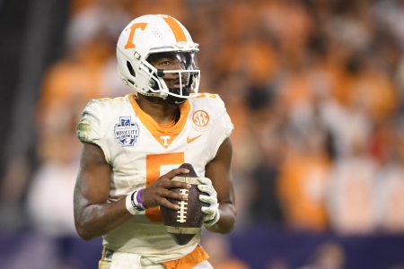 Tennessee Volunteers quarterback Hendon Hooker (5) stands in the pocket against the Purdue Boilermakers during the second half at Nissan Stadium.