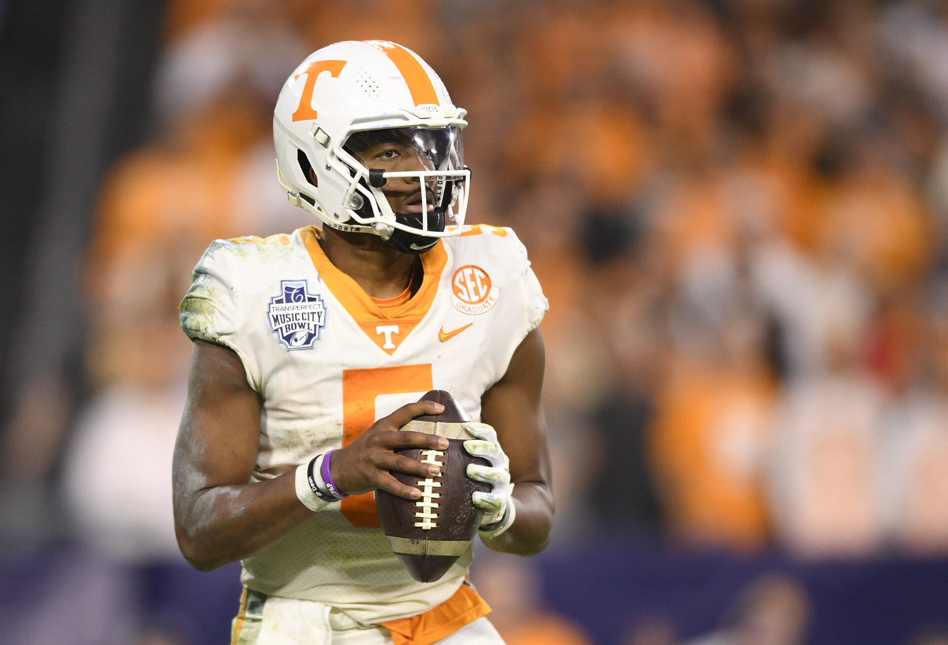Tennessee Volunteers quarterback Hendon Hooker (5) stands in the pocket against the Purdue Boilermakers during the second half at Nissan Stadium.