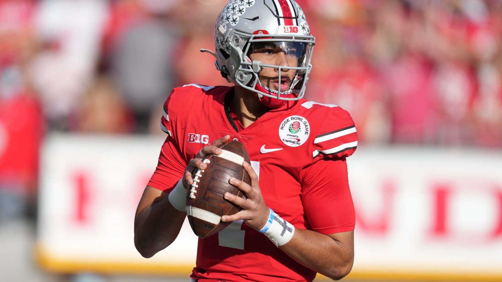 Jan 1, 2022; Pasadena, California, USA; Ohio State Buckeyes quarterback C.J. Stroud (7) throws the ball in the first quarter against the Utah Utes during the 2022 Rose Bowl at Rose Bowl. Ohio State defeated Utah 48-45.