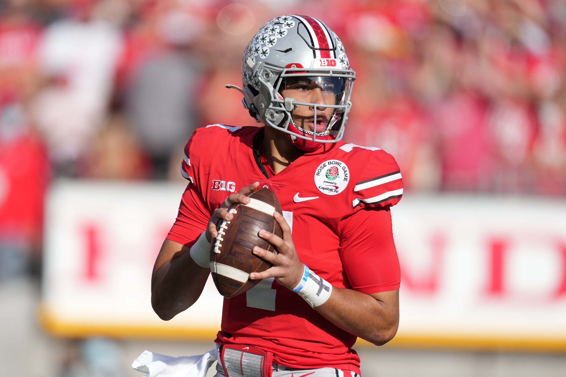 Jan 1, 2022; Pasadena, California, USA; Ohio State Buckeyes quarterback C.J. Stroud (7) throws the ball in the first quarter against the Utah Utes during the 2022 Rose Bowl at Rose Bowl. Ohio State defeated Utah 48-45.
