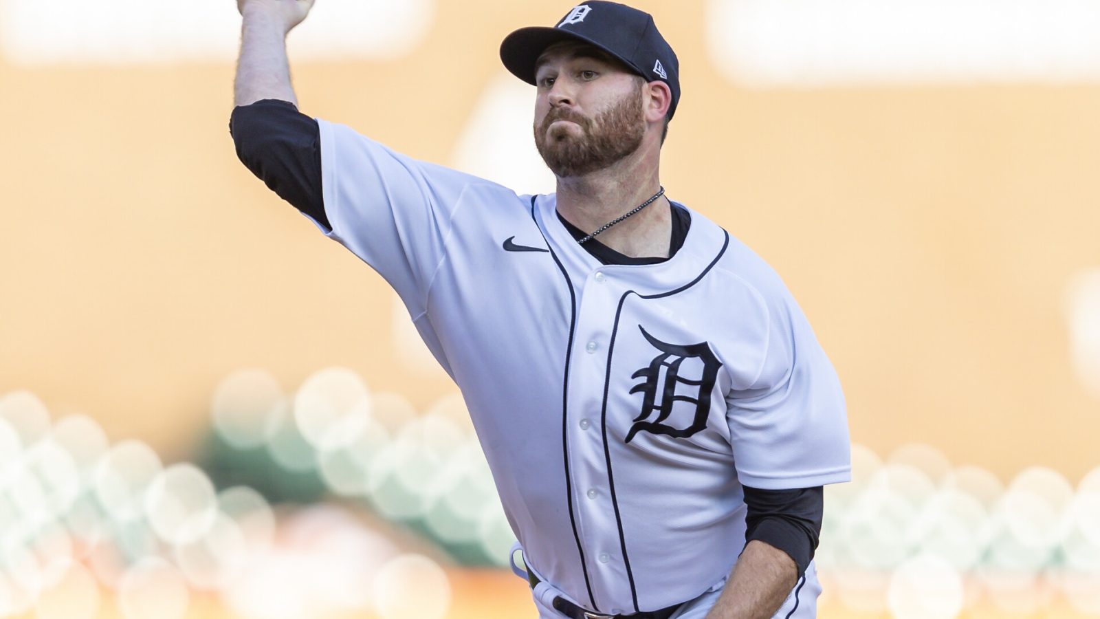 Jun 14, 2022; Detroit, Michigan, USA; Detroit Tigers starting pitcher Drew Hutchinson (50) pitches during the first inning against the Chicago White Sox at Comerica Park.