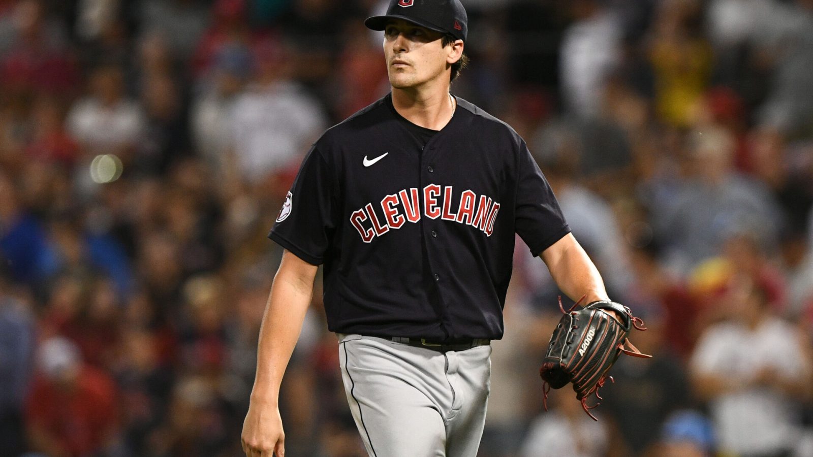 Jul 27, 2022; Boston, Massachusetts, USA; Cleveland Guardians starting pitcher Cal Quantrill (47) walks off of the field after being taken out during the sixth inning of a game against the Boston Red Sox at Fenway Park.