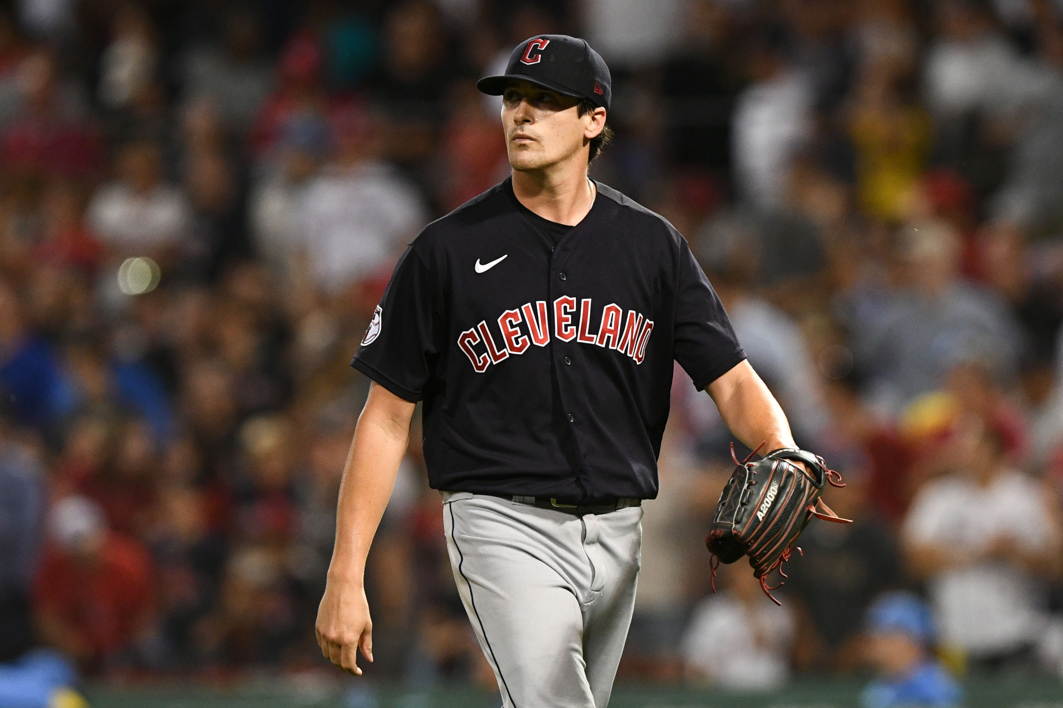 Jul 27, 2022; Boston, Massachusetts, USA; Cleveland Guardians starting pitcher Cal Quantrill (47) walks off of the field after being taken out during the sixth inning of a game against the Boston Red Sox at Fenway Park.