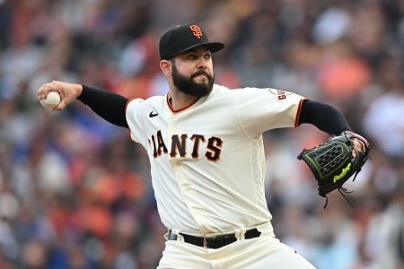 Jul 30, 2022; San Francisco, California, USA; San Francisco Giants starting pitcher Jakob Junis (34) throws against the Chicago Cubs during the first inning at Oracle Park.