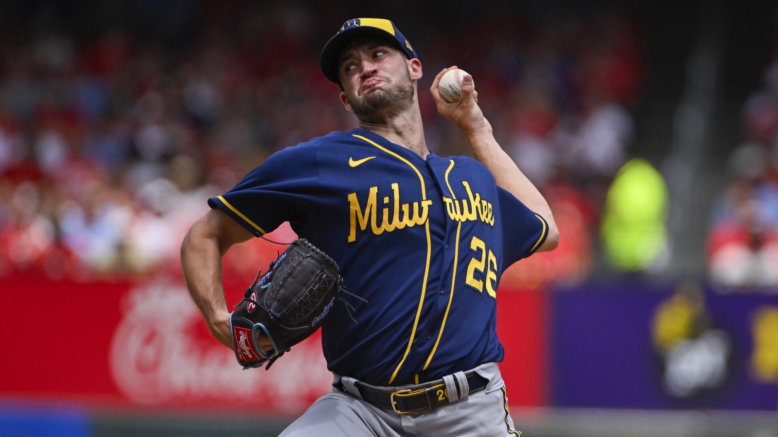 Aug 14, 2022; St. Louis, Missouri, USA; Milwaukee Brewers starting pitcher Aaron Ashby (26) pitches against the St. Louis Cardinals during the first inning at Busch Stadium