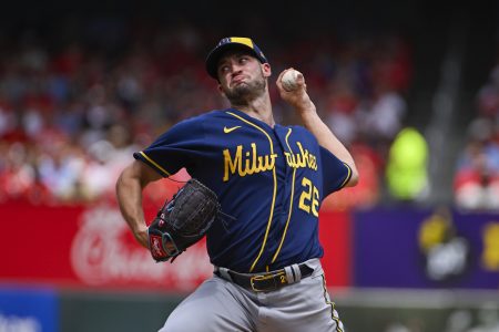 Aug 14, 2022; St. Louis, Missouri, USA; Milwaukee Brewers starting pitcher Aaron Ashby (26) pitches against the St. Louis Cardinals during the first inning at Busch Stadium