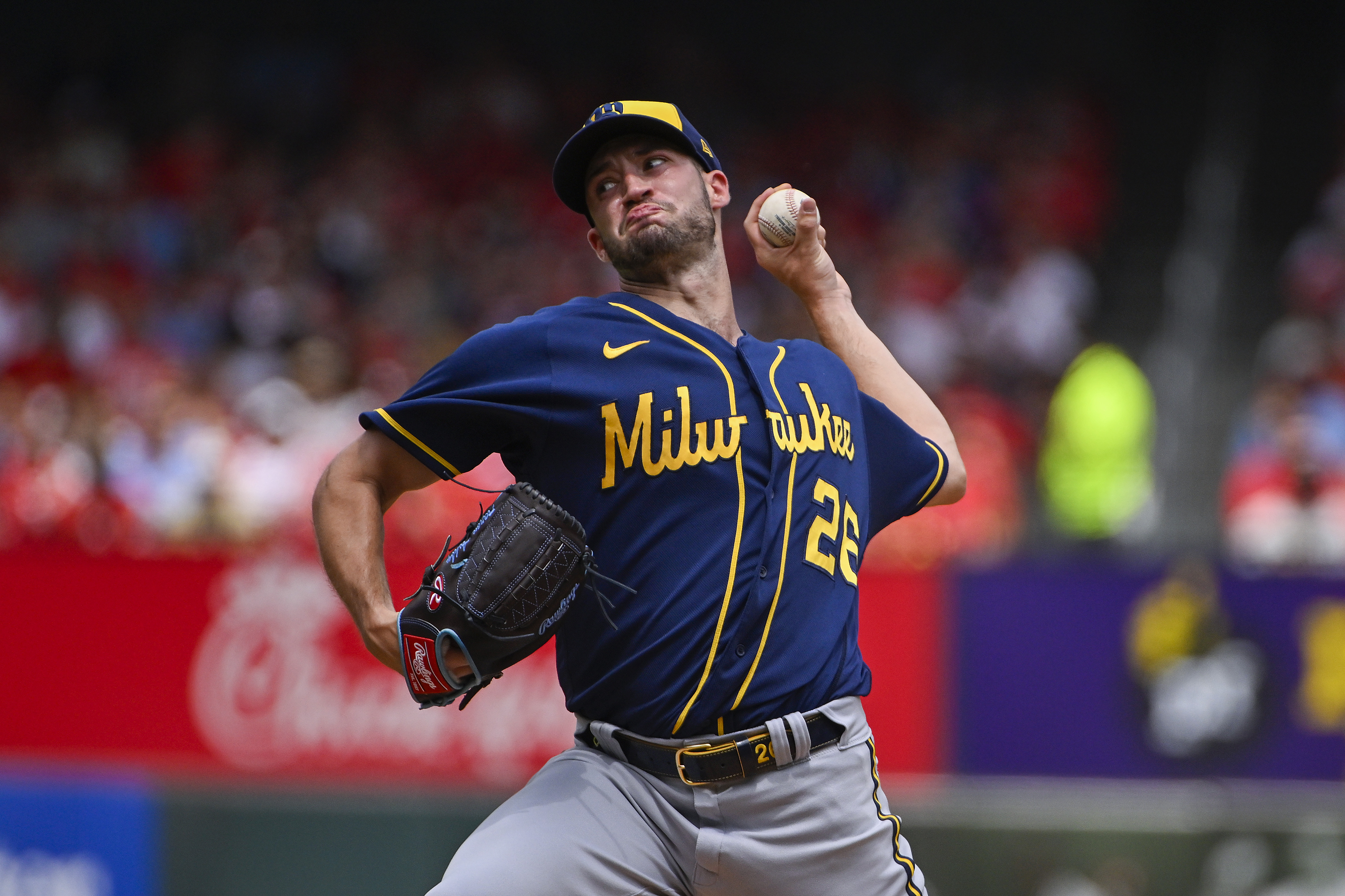 Aug 14, 2022; St. Louis, Missouri, USA; Milwaukee Brewers starting pitcher Aaron Ashby (26) pitches against the St. Louis Cardinals during the first inning at Busch Stadium
