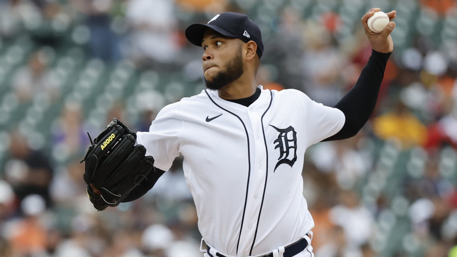 Aug 21, 2022; Detroit, Michigan, USA; Detroit Tigers pitcher Eduardo Rodriguez (57) pitches in the first inning against the Los Angeles Angels at Comerica Park.