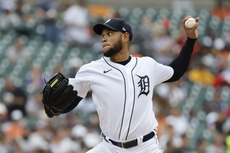 Aug 21, 2022; Detroit, Michigan, USA; Detroit Tigers pitcher Eduardo Rodriguez (57) pitches in the first inning against the Los Angeles Angels at Comerica Park.