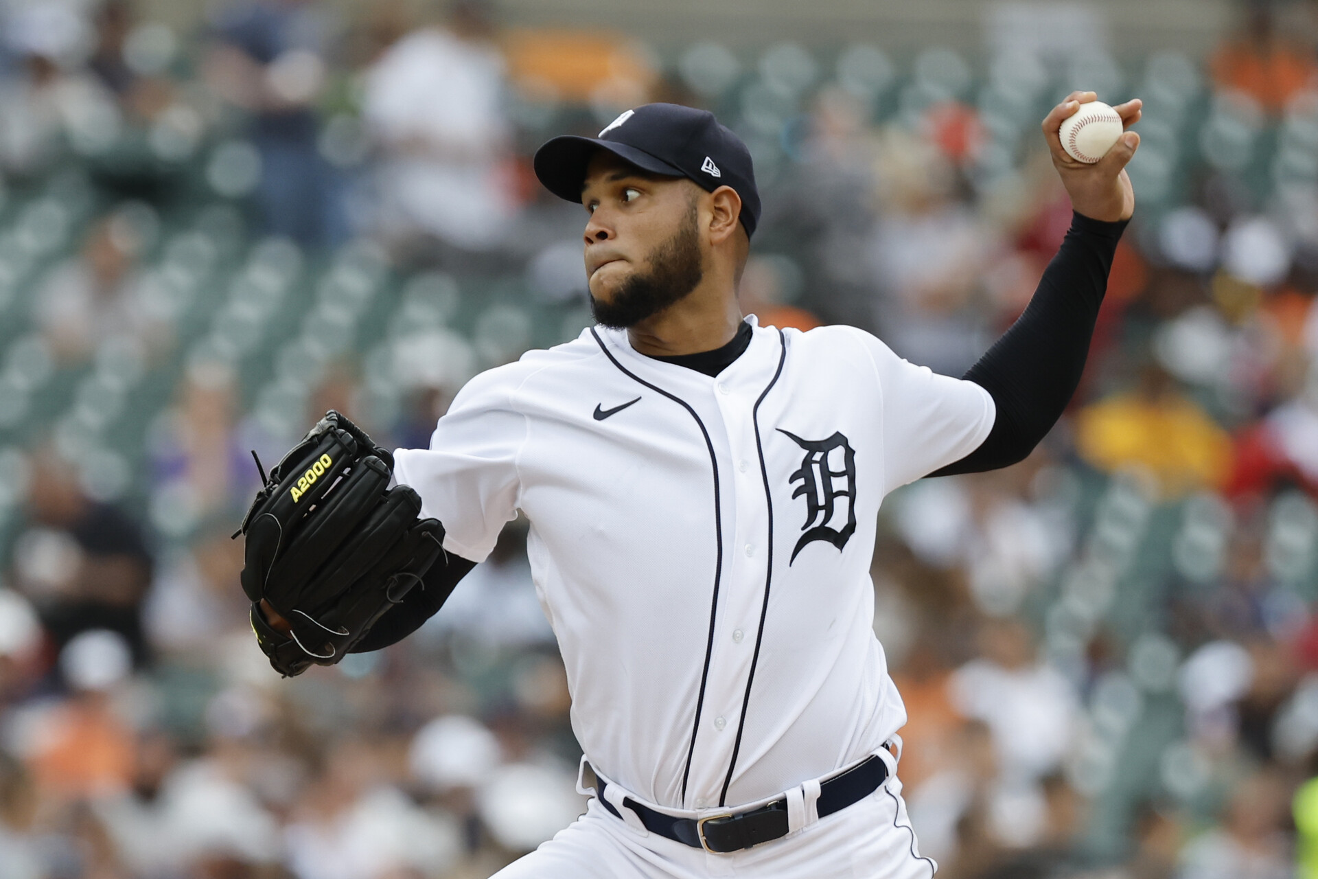 Aug 21, 2022; Detroit, Michigan, USA; Detroit Tigers pitcher Eduardo Rodriguez (57) pitches in the first inning against the Los Angeles Angels at Comerica Park.