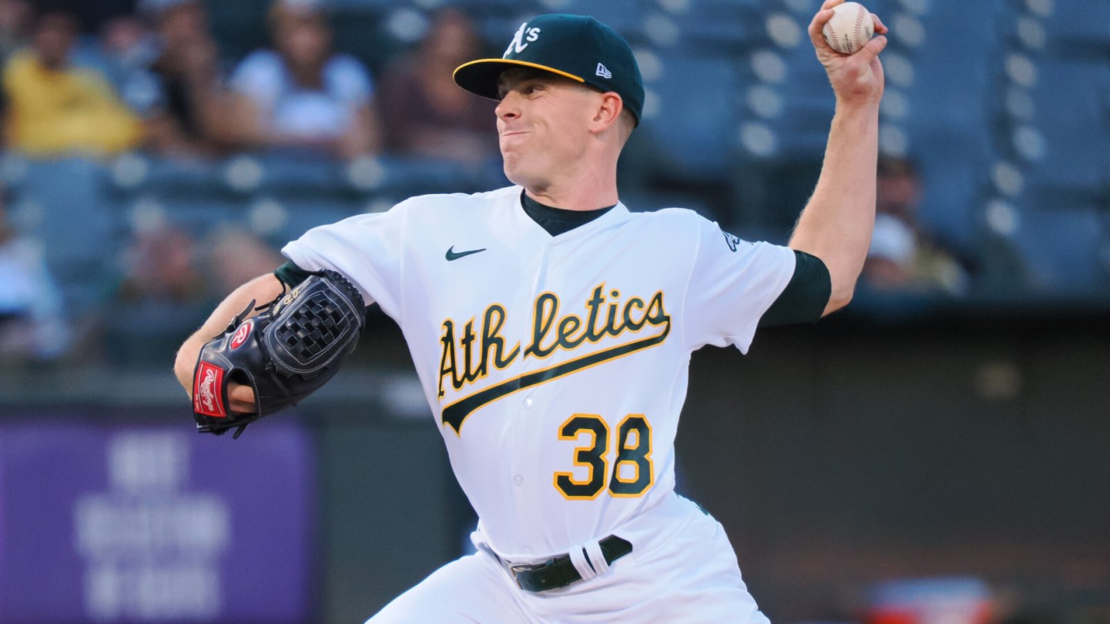 Aug 26, 2022; Oakland, California, USA; Oakland Athletics starting pitcher JP Sears (38) pitches the ball against the New York Yankees during the first inning at RingCentral Coliseum.
