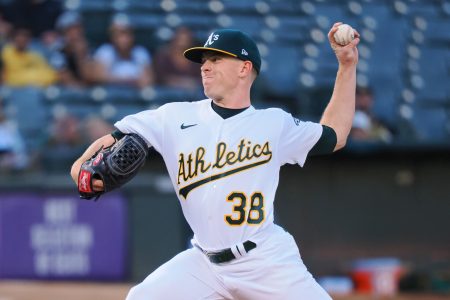 Aug 26, 2022; Oakland, California, USA; Oakland Athletics starting pitcher JP Sears (38) pitches the ball against the New York Yankees during the first inning at RingCentral Coliseum.