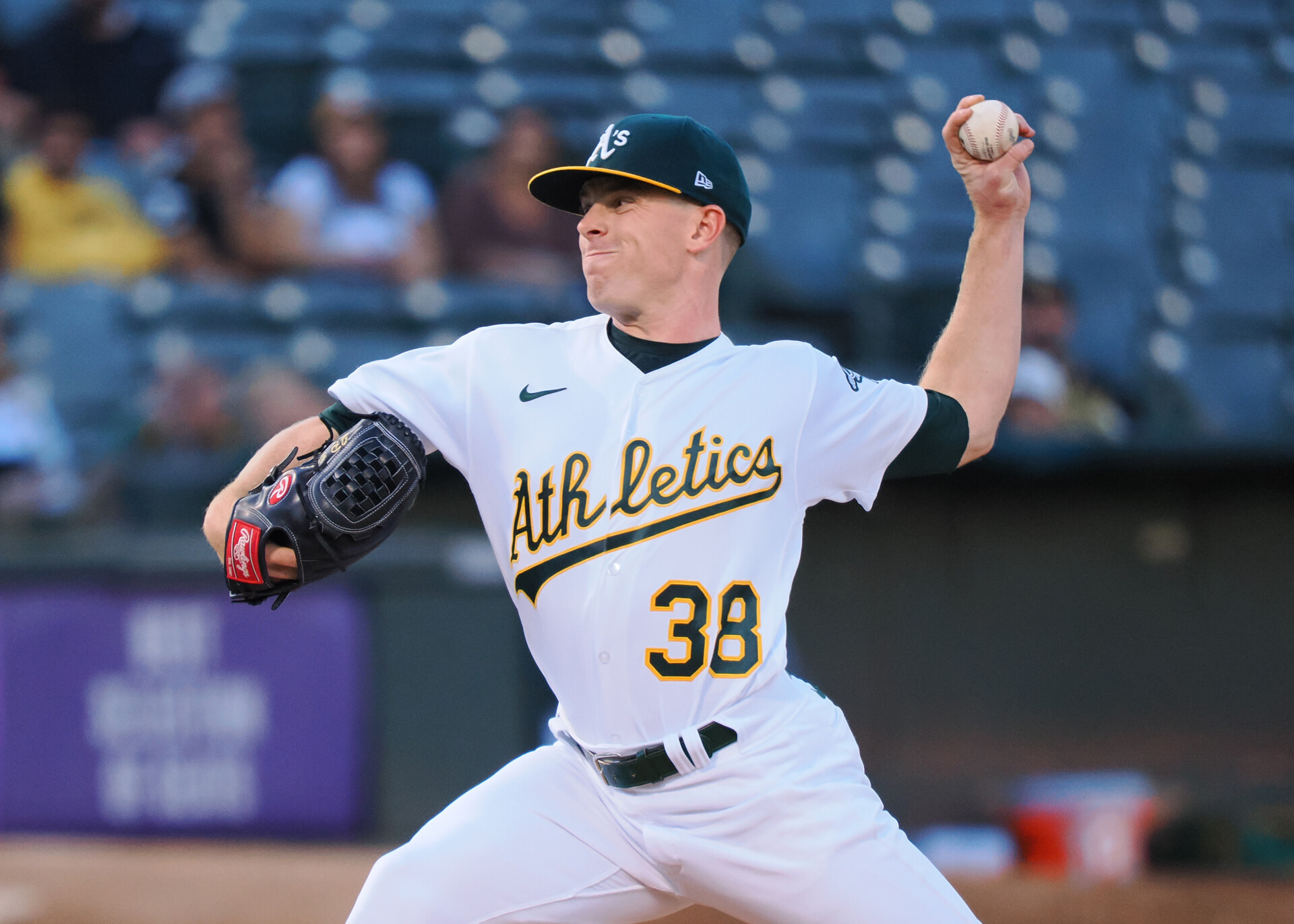 Aug 26, 2022; Oakland, California, USA; Oakland Athletics starting pitcher JP Sears (38) pitches the ball against the New York Yankees during the first inning at RingCentral Coliseum.