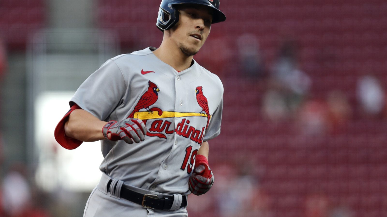 Aug 30, 2022; Cincinnati, Ohio, USA; St. Louis Cardinals shortstop Tommy Edman (19) runs the bases after hitting a solo home run against the Cincinnati Reds during the third inning at Great American Ball Park