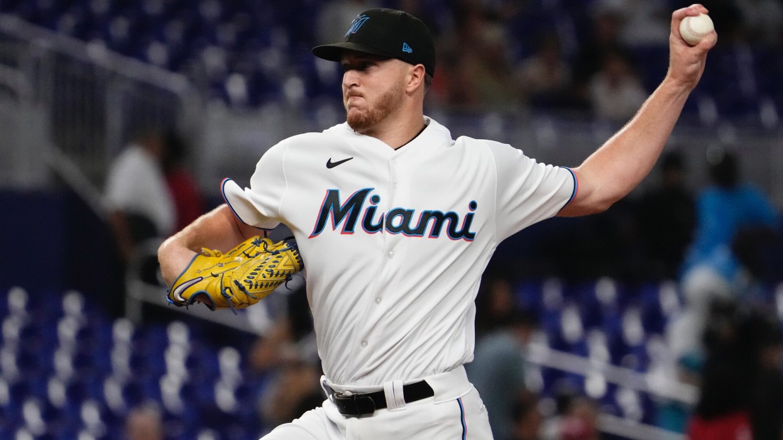 Aug 31, 2022; Miami, Florida, USA; Miami Marlins starting pitcher Trevor Rogers (28) delivers a pitch in the first inning against the Tampa Bay Rays at loanDepot park.