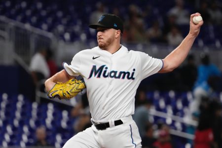 Aug 31, 2022; Miami, Florida, USA; Miami Marlins starting pitcher Trevor Rogers (28) delivers a pitch in the first inning against the Tampa Bay Rays at loanDepot park.