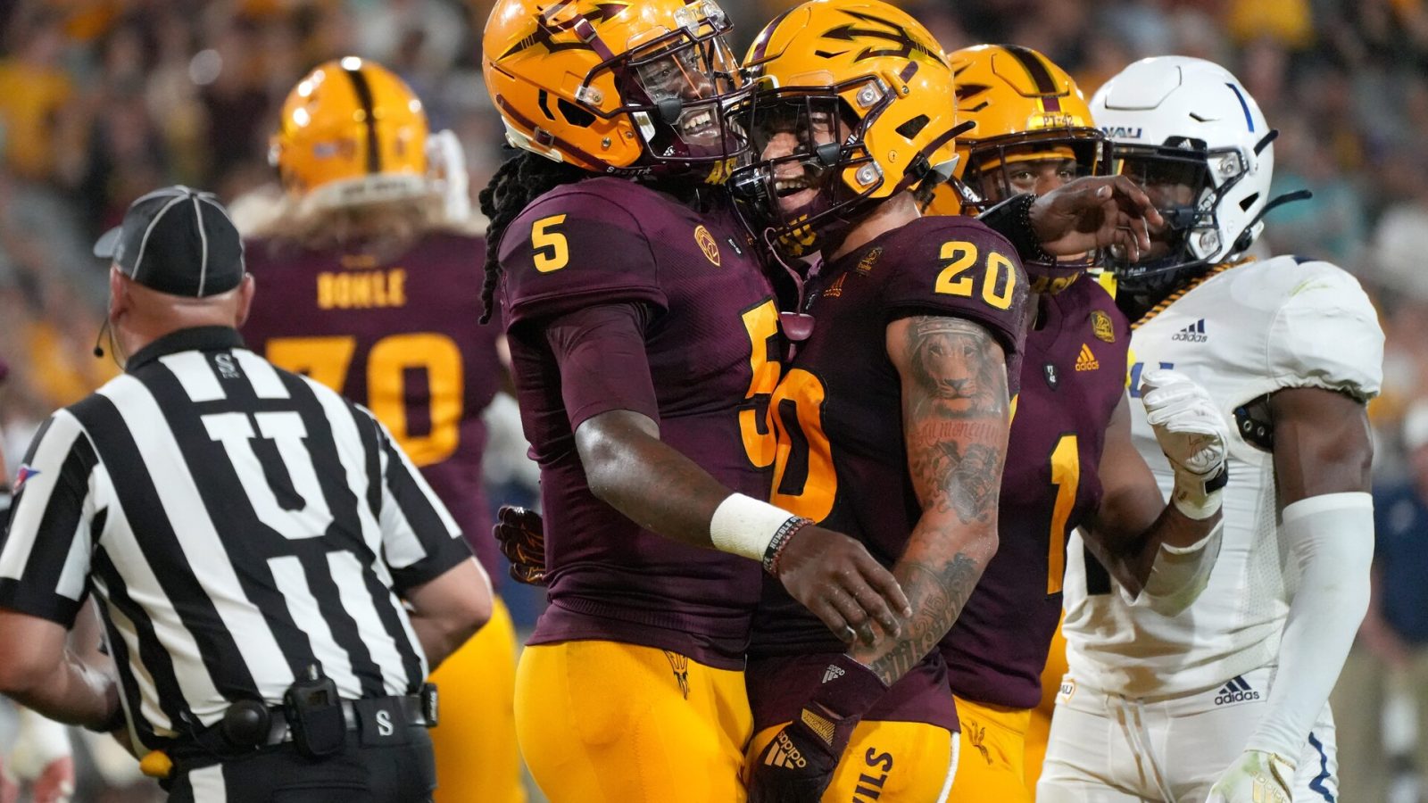 Sep 1, 2022; Tempe, Arizona, USA; Arizona State Sun Devil quarterback Emory Jones (5) and receiver Giovanni Sanders (20) celebrate in the end zone during their 40-3 win over the Northern Arizona Lumberjacks at Sun Devil Stadium. Football Asu Fb Nau At Asu