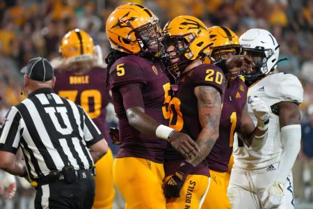Sep 1, 2022; Tempe, Arizona, USA; Arizona State Sun Devil quarterback Emory Jones (5) and receiver Giovanni Sanders (20) celebrate in the end zone during their 40-3 win over the Northern Arizona Lumberjacks at Sun Devil Stadium. Football Asu Fb Nau At Asu