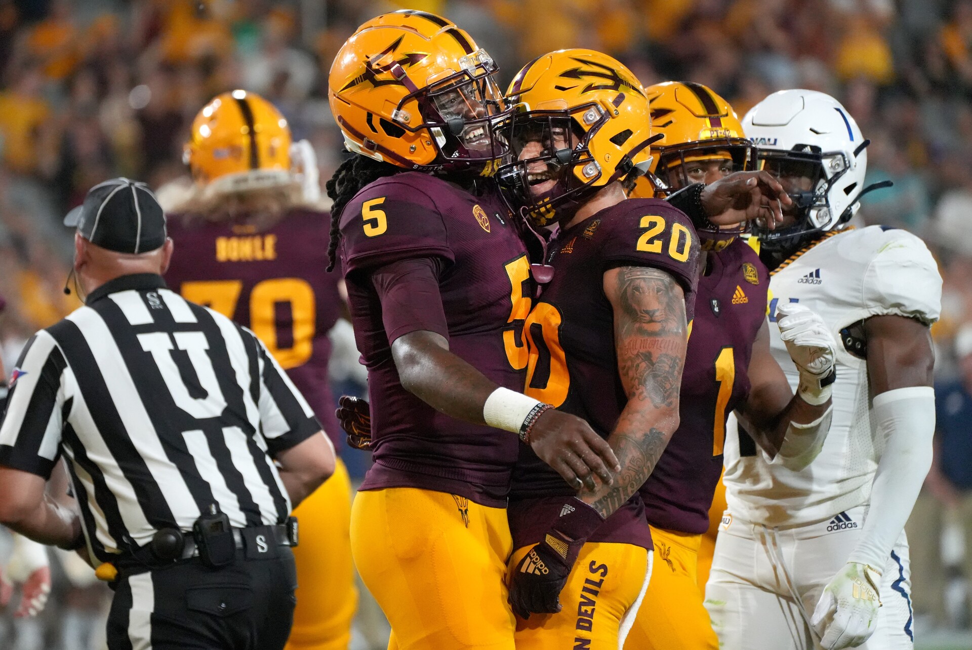 Sep 1, 2022; Tempe, Arizona, USA; Arizona State Sun Devil quarterback Emory Jones (5) and receiver Giovanni Sanders (20) celebrate in the end zone during their 40-3 win over the Northern Arizona Lumberjacks at Sun Devil Stadium. Football Asu Fb Nau At Asu
