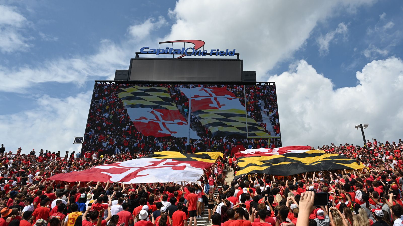 Sep 3, 2022; College Park, Maryland, USA; A Maryland state flag is unfurled over the student section during the first half of the game Buffalo Bulls at Capital One Field at Maryland Stadium.
