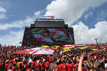 Sep 3, 2022; College Park, Maryland, USA; A Maryland state flag is unfurled over the student section during the first half of the game Buffalo Bulls at Capital One Field at Maryland Stadium.