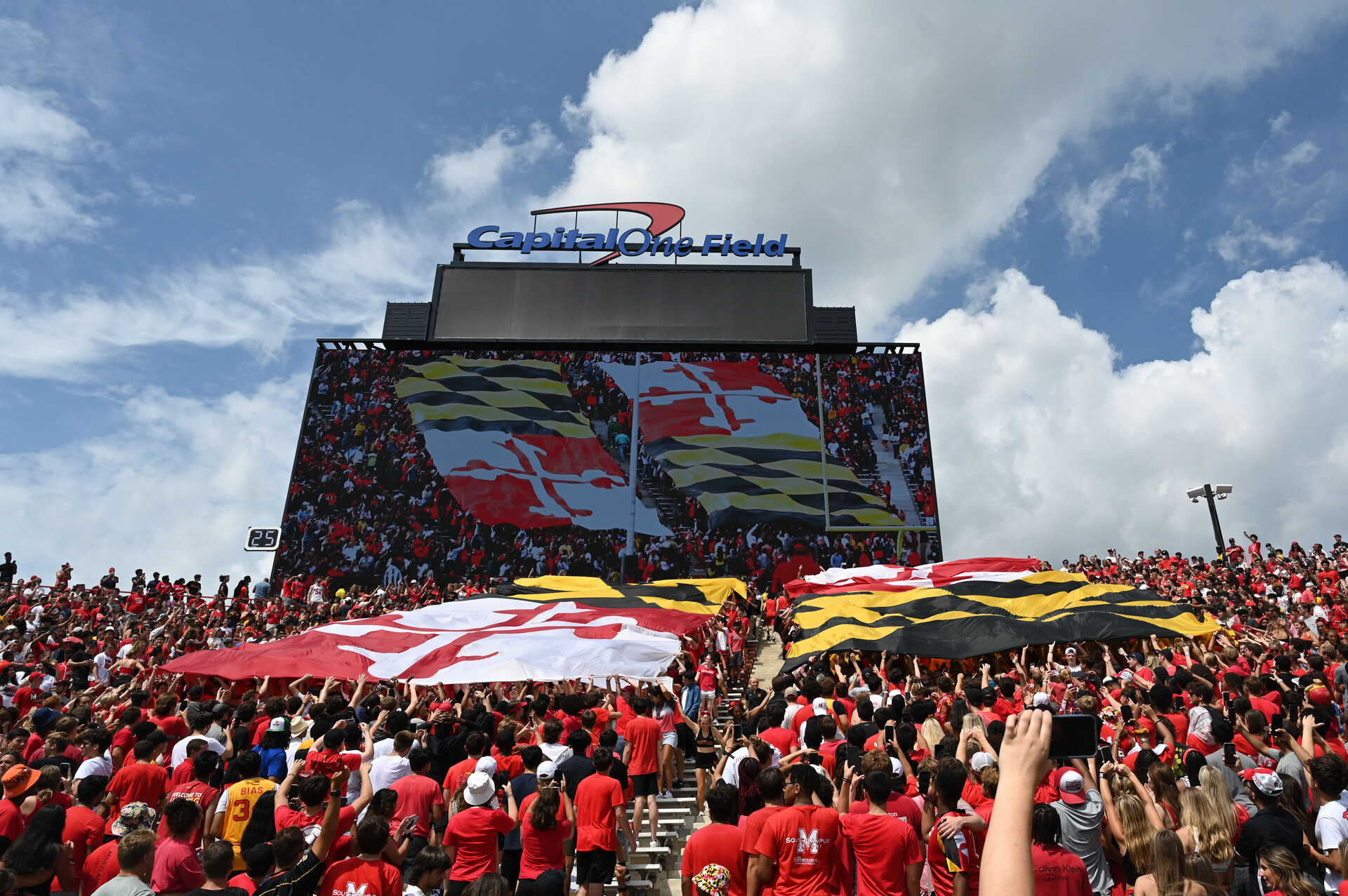 Sep 3, 2022; College Park, Maryland, USA; A Maryland state flag is unfurled over the student section during the first half of the game Buffalo Bulls at Capital One Field at Maryland Stadium.