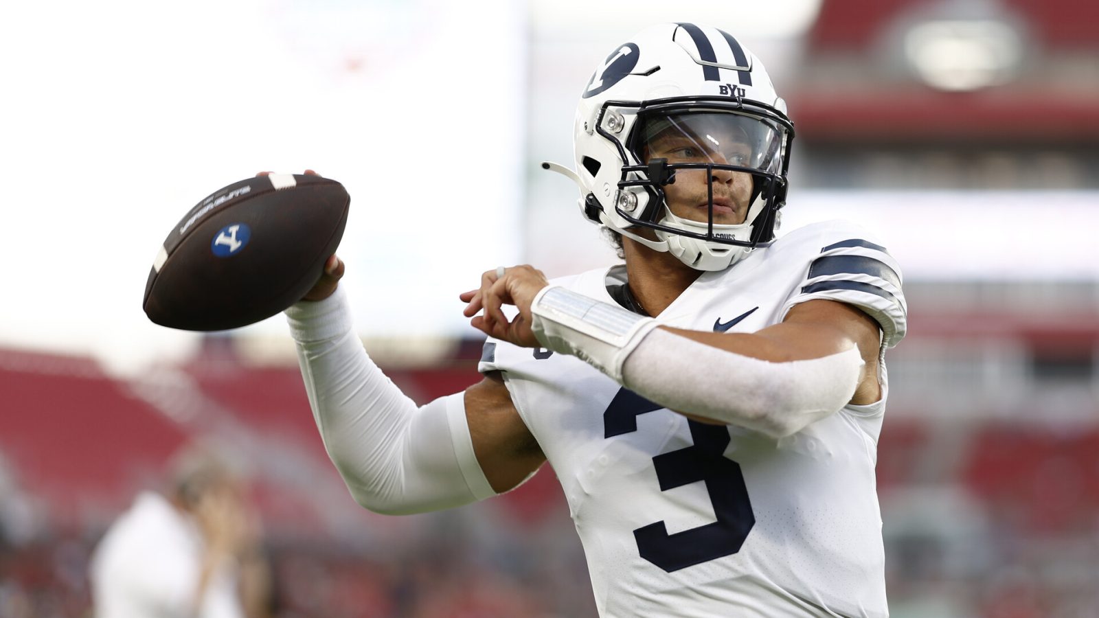 Sep 3, 2022; Tampa, Florida, USA; Brigham Young Cougars quarterback Jaren Hall (3) warms up prior to the game against the South Florida Bulls at Raymond James Stadium.