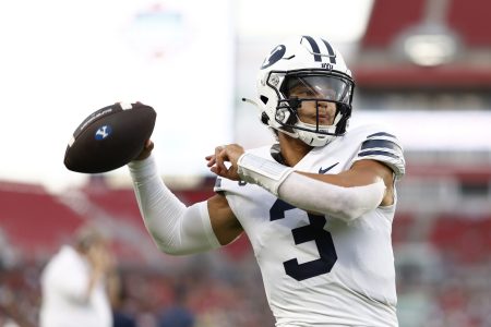 Sep 3, 2022; Tampa, Florida, USA; Brigham Young Cougars quarterback Jaren Hall (3) warms up prior to the game against the South Florida Bulls at Raymond James Stadium.