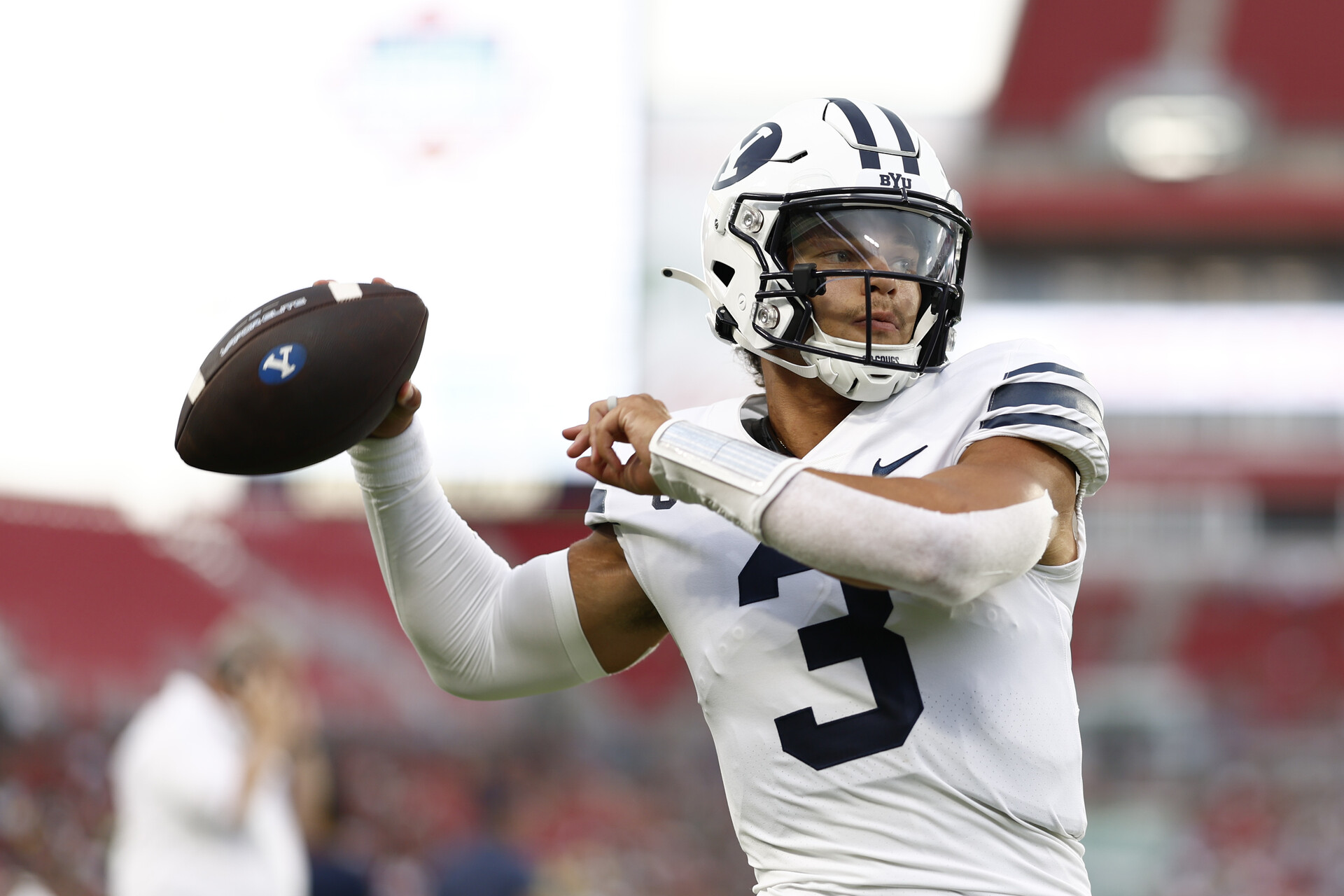 Sep 3, 2022; Tampa, Florida, USA; Brigham Young Cougars quarterback Jaren Hall (3) warms up prior to the game against the South Florida Bulls at Raymond James Stadium.