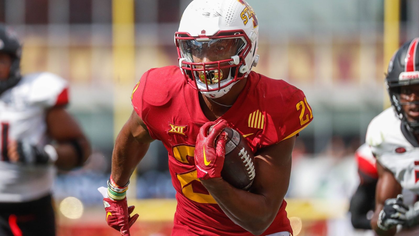 Iowa State running back Jirehl Brock (21) runs down the field during the Iowa State, Southeast Missouri State game on Saturday, September 3, 2022 at Jack Trice Stadium in Ames, Iowa. The Cyclones defeated the Redhawks, 42-10