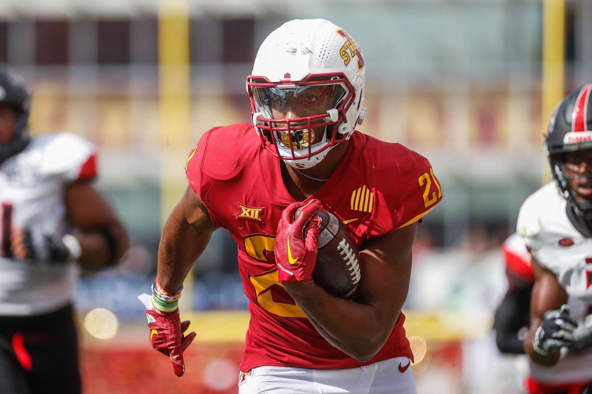 Iowa State running back Jirehl Brock (21) runs down the field during the Iowa State, Southeast Missouri State game on Saturday, September 3, 2022 at Jack Trice Stadium in Ames, Iowa. The Cyclones defeated the Redhawks, 42-10