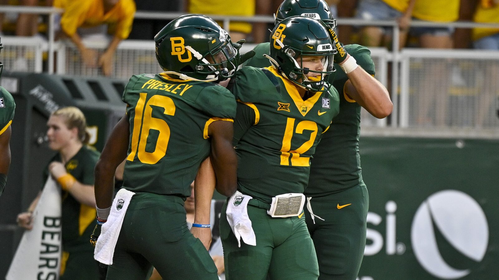 Sep 3, 2022; Waco, Texas, USA; Baylor Bears quarterback Blake Shapen (12) and wide receiver Hal Presley (16) celebrates Shapen scoring a touchdown against the Albany Great Danes during the second quarter at McLane Stadium