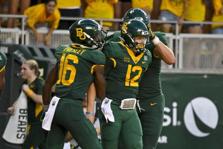 Sep 3, 2022; Waco, Texas, USA; Baylor Bears quarterback Blake Shapen (12) and wide receiver Hal Presley (16) celebrates Shapen scoring a touchdown against the Albany Great Danes during the second quarter at McLane Stadium
