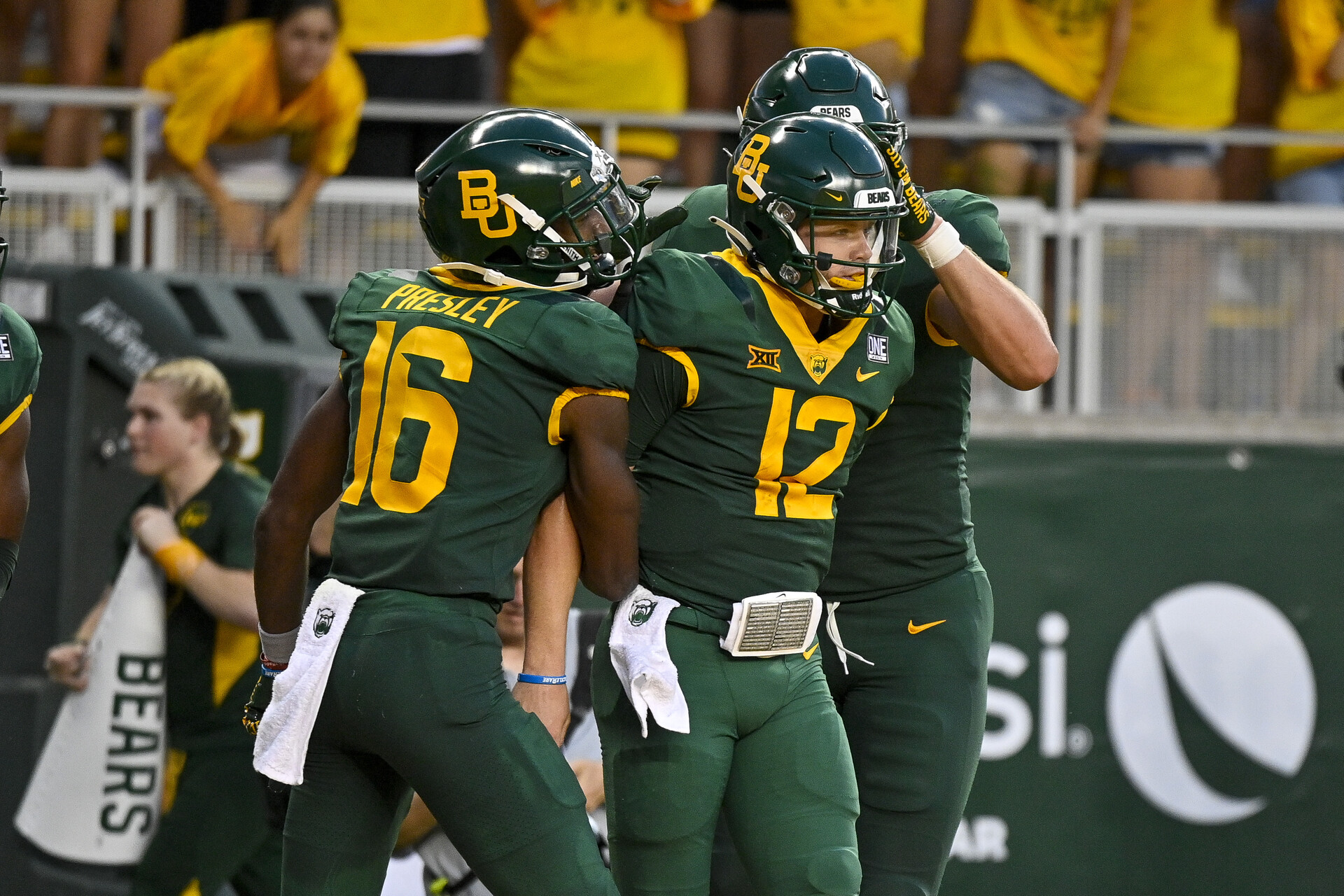 Sep 3, 2022; Waco, Texas, USA; Baylor Bears quarterback Blake Shapen (12) and wide receiver Hal Presley (16) celebrates Shapen scoring a touchdown against the Albany Great Danes during the second quarter at McLane Stadium