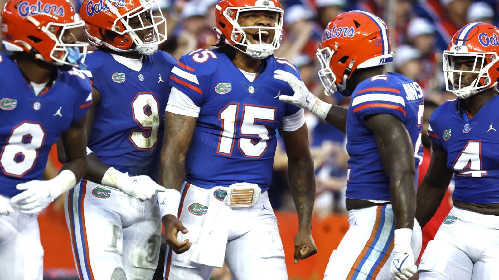 Sep 3, 2022; Gainesville, Florida, USA; Florida Gators quarterback Anthony Richardson (15) celebrates after he scores a touchdown against the Utah Utes during the first quarter at Steve Spurrier-Florida Field.