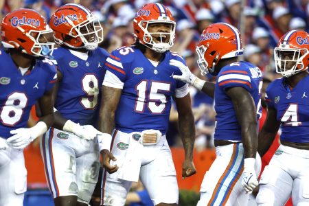 Sep 3, 2022; Gainesville, Florida, USA; Florida Gators quarterback Anthony Richardson (15) celebrates after he scores a touchdown against the Utah Utes during the first quarter at Steve Spurrier-Florida Field.