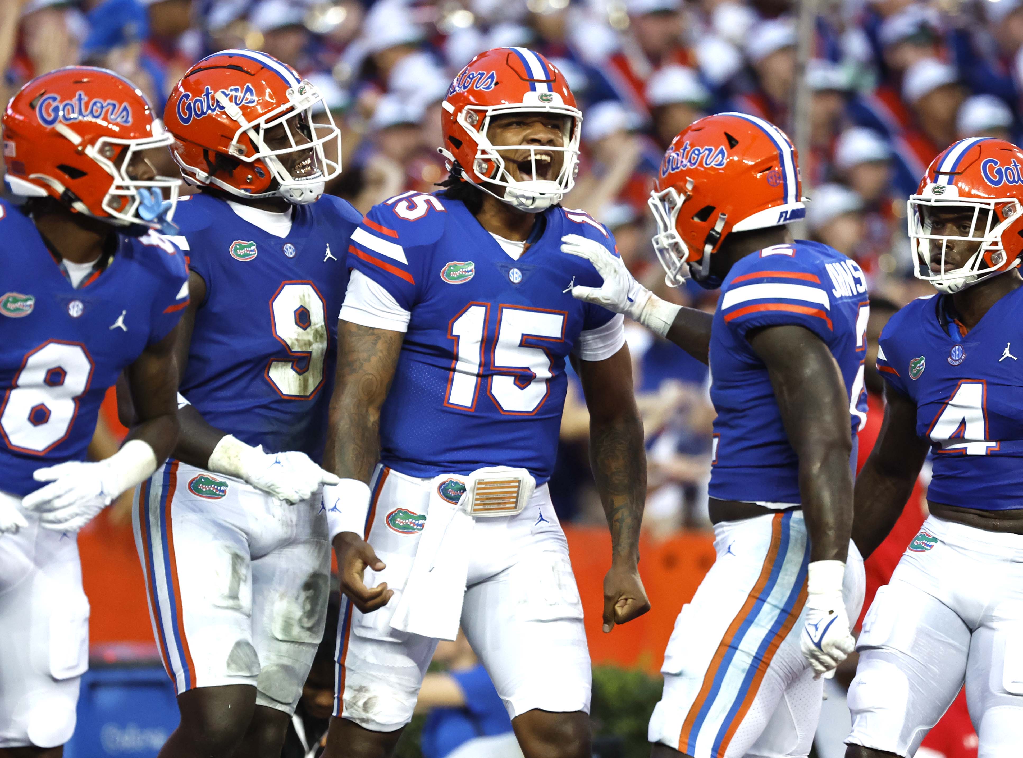 Sep 3, 2022; Gainesville, Florida, USA; Florida Gators quarterback Anthony Richardson (15) celebrates after he scores a touchdown against the Utah Utes during the first quarter at Steve Spurrier-Florida Field.
