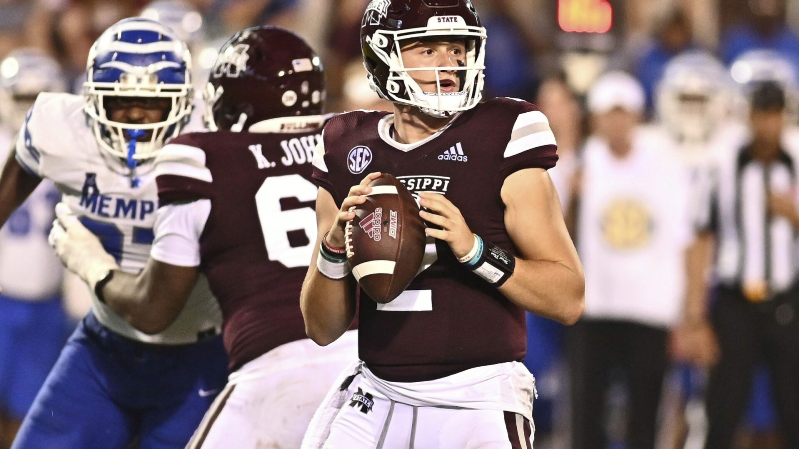 Mississippi State Bulldogs quarterback Will Rogers (2) drops back to pass against the Memphis Tigers during the fourth quarter at Davis Wade Stadium at Scott Field.