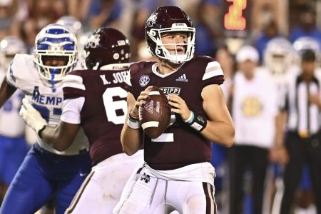 Mississippi State Bulldogs quarterback Will Rogers (2) drops back to pass against the Memphis Tigers during the fourth quarter at Davis Wade Stadium at Scott Field.