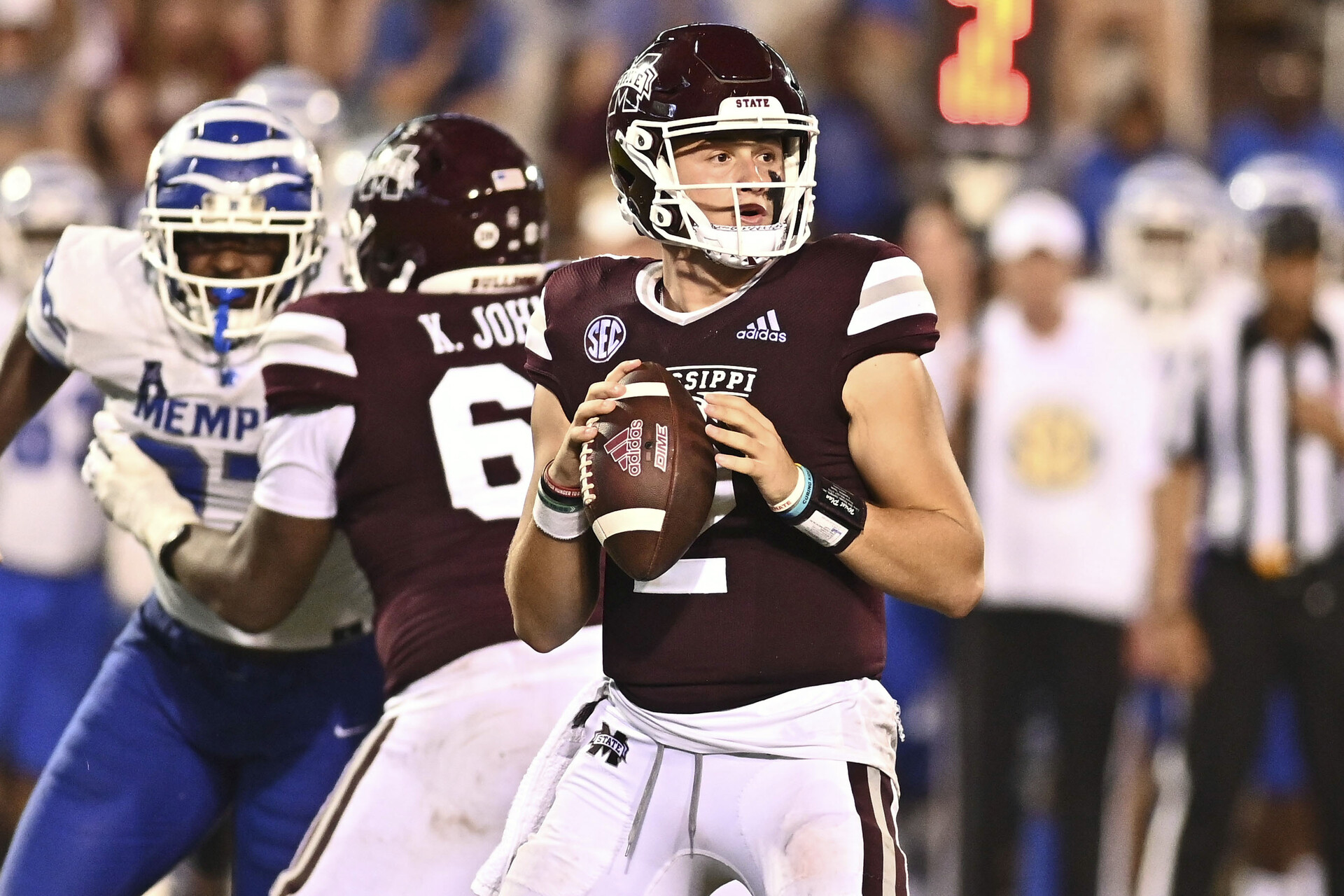 Mississippi State Bulldogs quarterback Will Rogers (2) drops back to pass against the Memphis Tigers during the fourth quarter at Davis Wade Stadium at Scott Field.