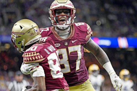 Sep 4, 2022; New Orleans, Louisiana, USA; Florida State Seminoles tight end Camren McDonald (87) celebrates with wide receiver Ontaria Wilson (80) after scoring a touchdow during the first half against the Louisiana State Tigers at Caesars Superdome.