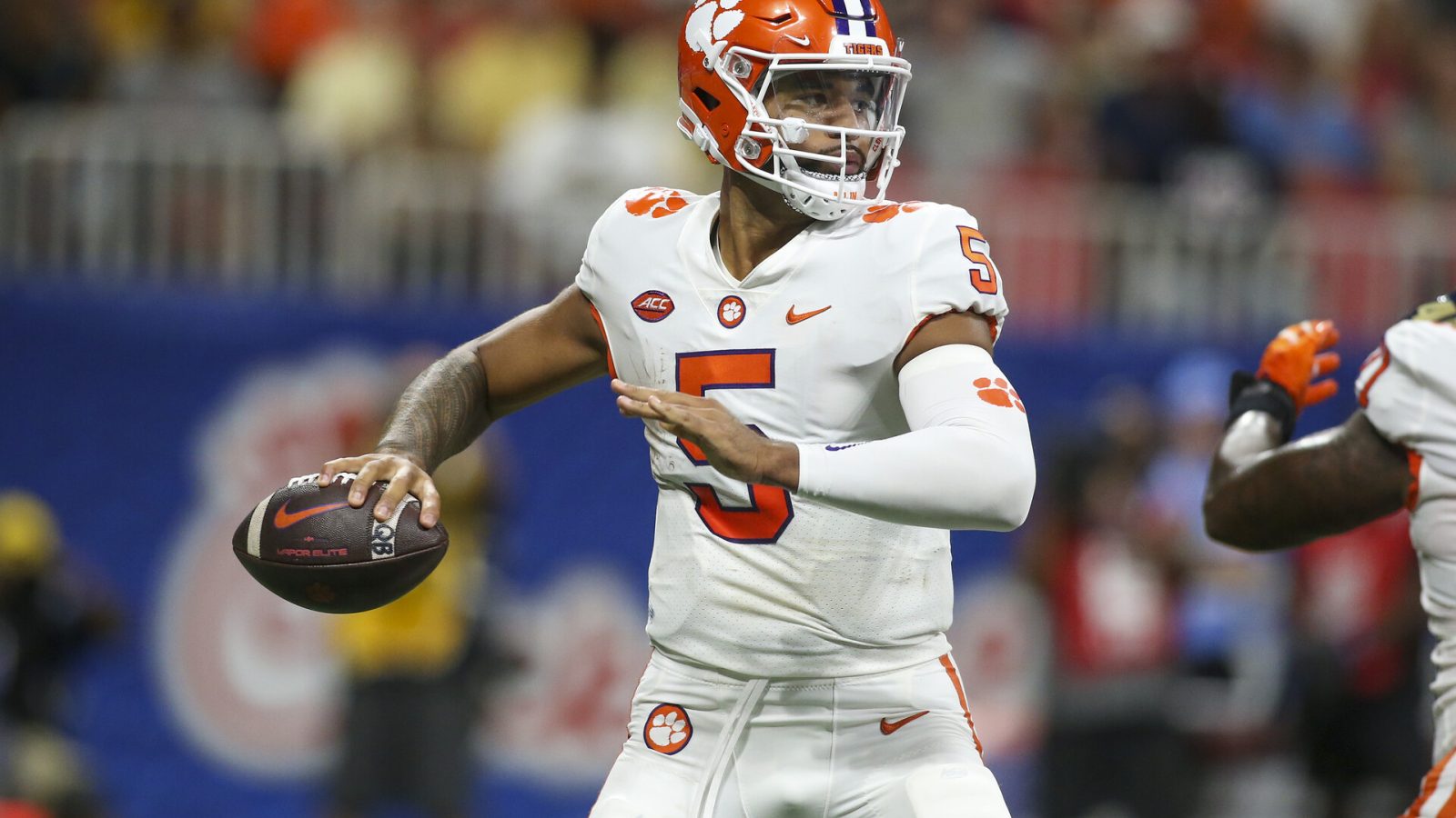 Sep 5, 2022; Atlanta, Georgia, USA; Clemson Tigers quarterback DJ Uiagalelei (5) drops back to pass against the Georgia Tech Yellow Jackets in the second quarter at Mercedes-Benz Stadium.