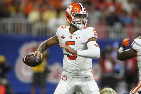 Sep 5, 2022; Atlanta, Georgia, USA; Clemson Tigers quarterback DJ Uiagalelei (5) drops back to pass against the Georgia Tech Yellow Jackets in the second quarter at Mercedes-Benz Stadium.