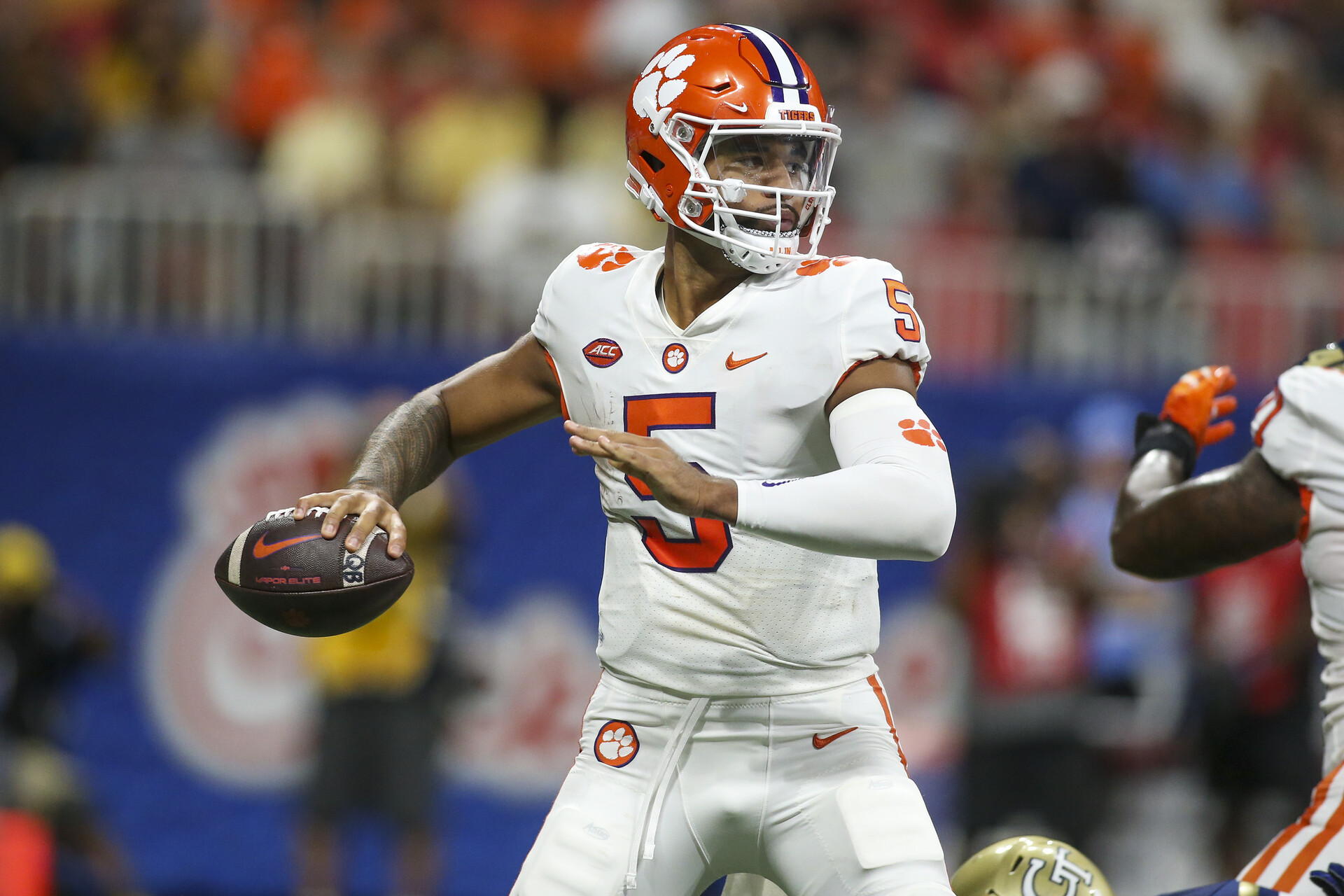 Sep 5, 2022; Atlanta, Georgia, USA; Clemson Tigers quarterback DJ Uiagalelei (5) drops back to pass against the Georgia Tech Yellow Jackets in the second quarter at Mercedes-Benz Stadium.