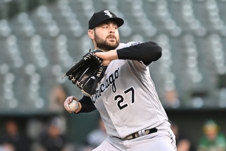 Sep 9, 2022; Oakland, California, USA; Chicago White Sox starting pitcher Lucas Giolito (27) throws a pitch against the Oakland Athletics during the first inning at RingCentral Coliseum.
