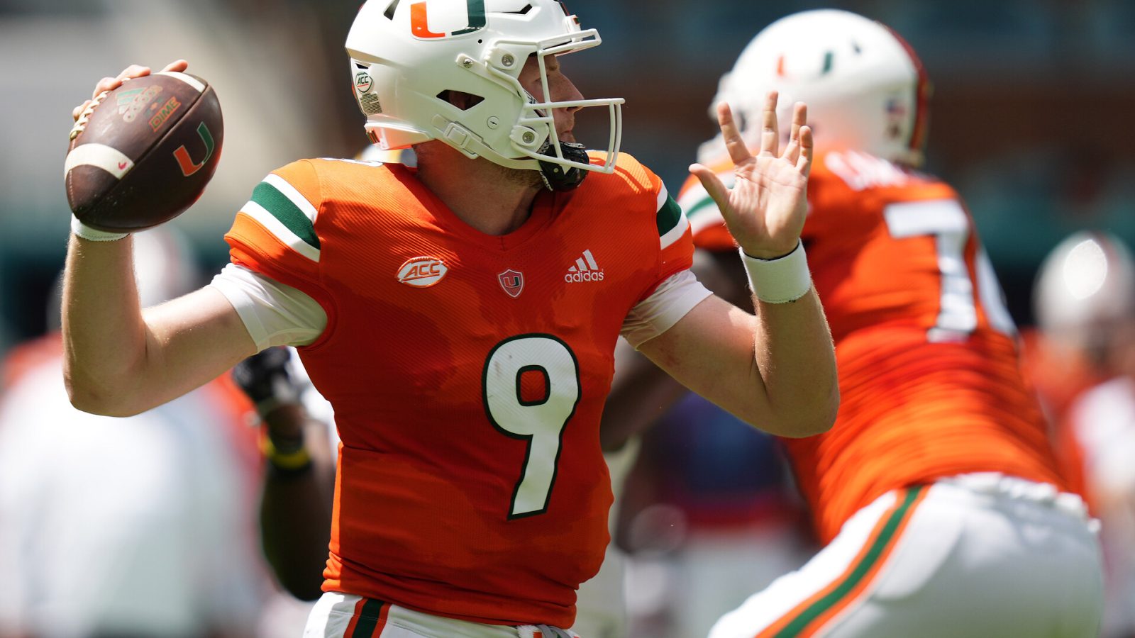 Sep 10, 2022; Miami Gardens, Florida, USA; Miami Hurricanes quarterback Tyler Van Dyke (9) attempts a pass against the Southern Miss Golden Eagles during the first half at Hard Rock Stadium.