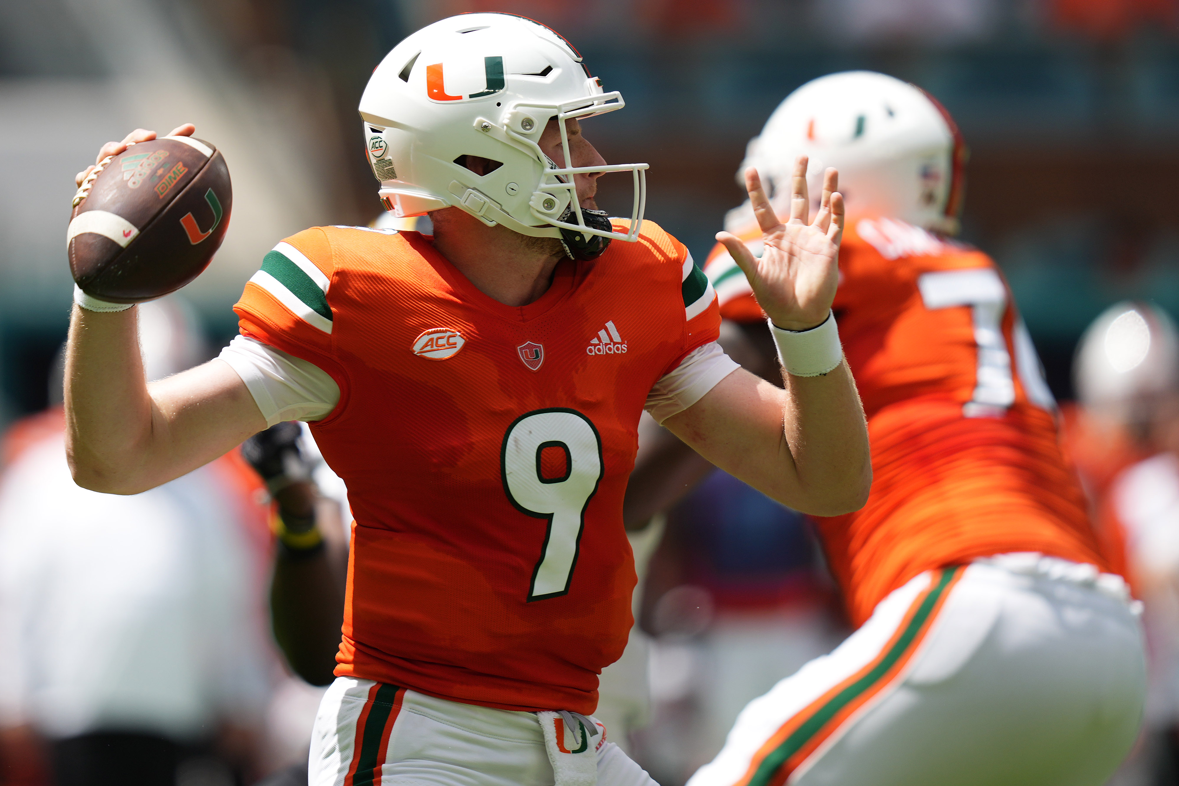 Sep 10, 2022; Miami Gardens, Florida, USA; Miami Hurricanes quarterback Tyler Van Dyke (9) attempts a pass against the Southern Miss Golden Eagles during the first half at Hard Rock Stadium.