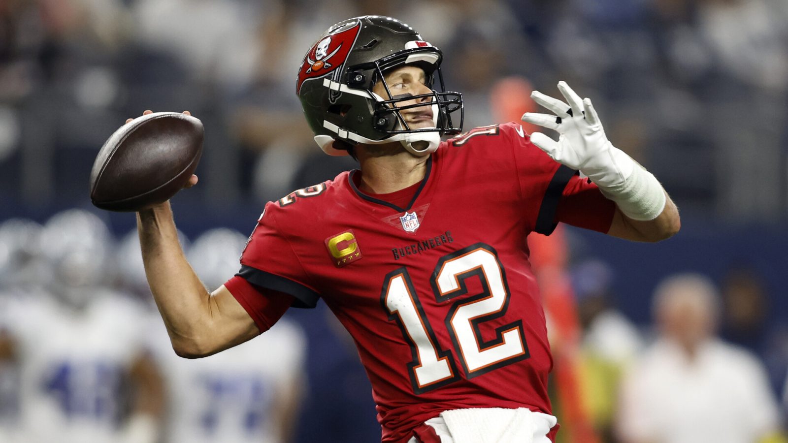Sep 11, 2022; Arlington, Texas, USA; Tampa Bay Buccaneers quarterback Tom Brady (12) throws a pass in the game against the Dallas Cowboys at AT&T Stadium.
