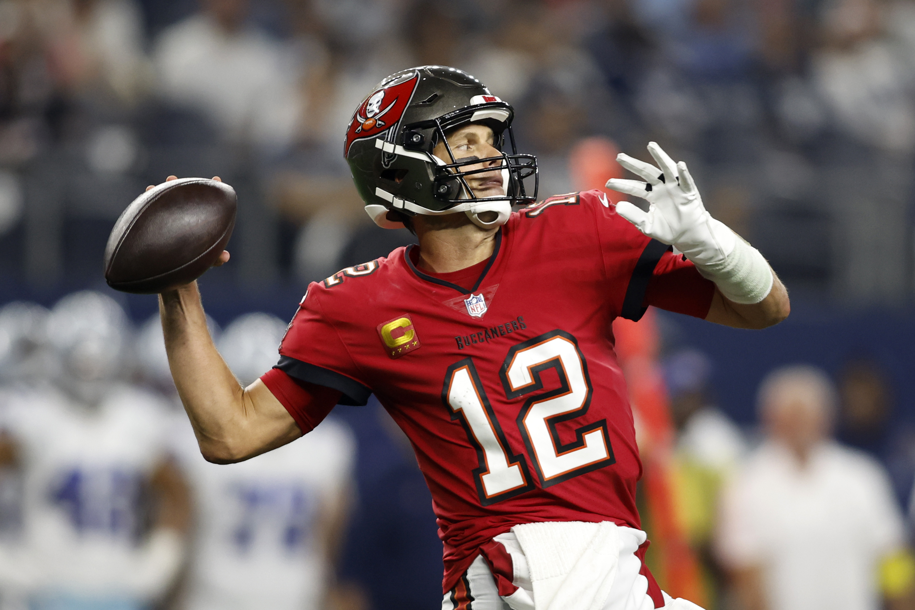 Sep 11, 2022; Arlington, Texas, USA; Tampa Bay Buccaneers quarterback Tom Brady (12) throws a pass in the game against the Dallas Cowboys at AT&T Stadium.