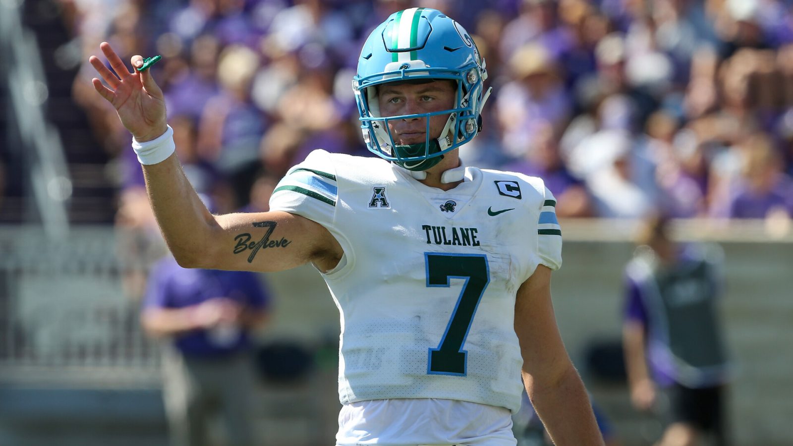 Sep 17, 2022; Manhattan, Kansas, USA; Tulane Green Wave quarterback Michael Pratt (7) waits for a play from the sideline during the second quarter against the Kansas State Wildcats at Bill Snyder Family Football Stadium.